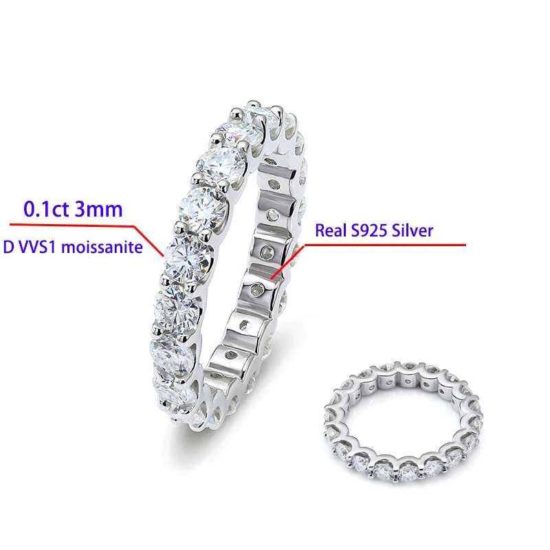 3mm or 2mm Round D VVS Moissanite Full Eternity Band S925 Silver Jewelry Women Engagement Gift Party Dating Valentine's Day