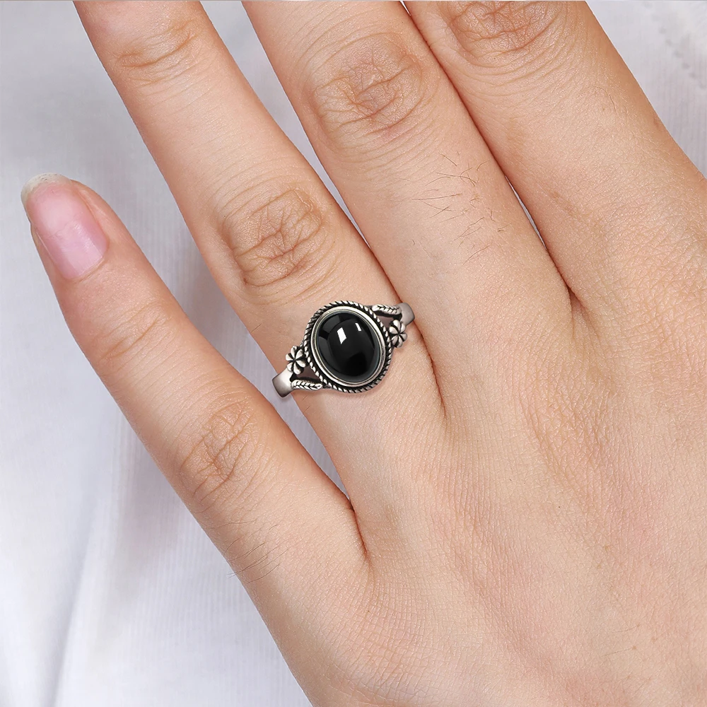 Vintage 925 Sterling Silver Natural Black Onyx 8*10mm Ring Flower Shaped Tiger’s Eye Ring Fine Jewelry Finger Ring For Women Vintage 925 Sterling Silver Natural Black Onyx 8*10mm Ring Flower Shaped Tiger's Eye Ring Fine Jewelry Finger Ring For Women