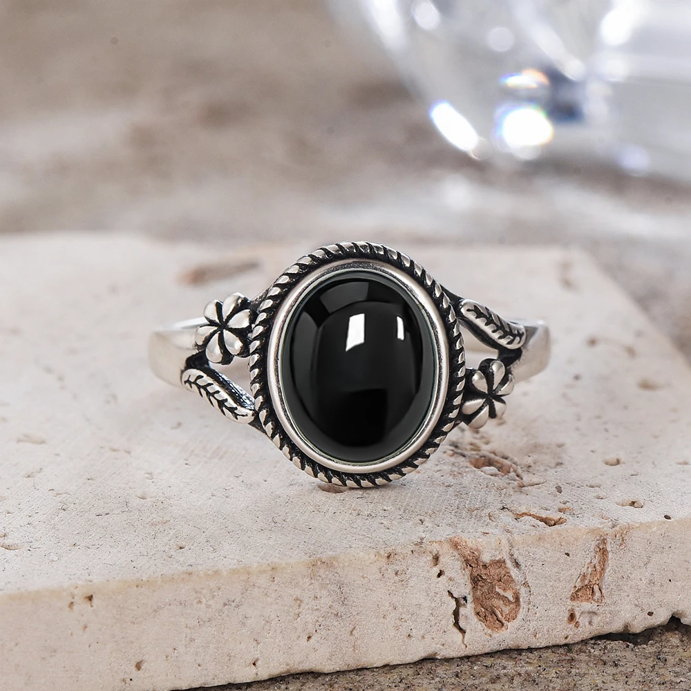 Vintage 925 Sterling Silver Natural Black Onyx 8*10mm Ring Flower Shaped Tiger’s Eye Ring Fine Jewelry Finger Ring For Women Vintage 925 Sterling Silver Natural Black Onyx 8*10mm Ring Flower Shaped Tiger's Eye Ring Fine Jewelry Finger Ring For Women