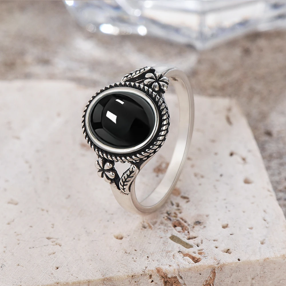 Vintage 925 Sterling Silver Natural Black Onyx 8*10mm Ring Flower Shaped Tiger’s Eye Ring Fine Jewelry Finger Ring For Women Vintage 925 Sterling Silver Natural Black Onyx 8*10mm Ring Flower Shaped Tiger's Eye Ring Fine Jewelry Finger Ring For Women