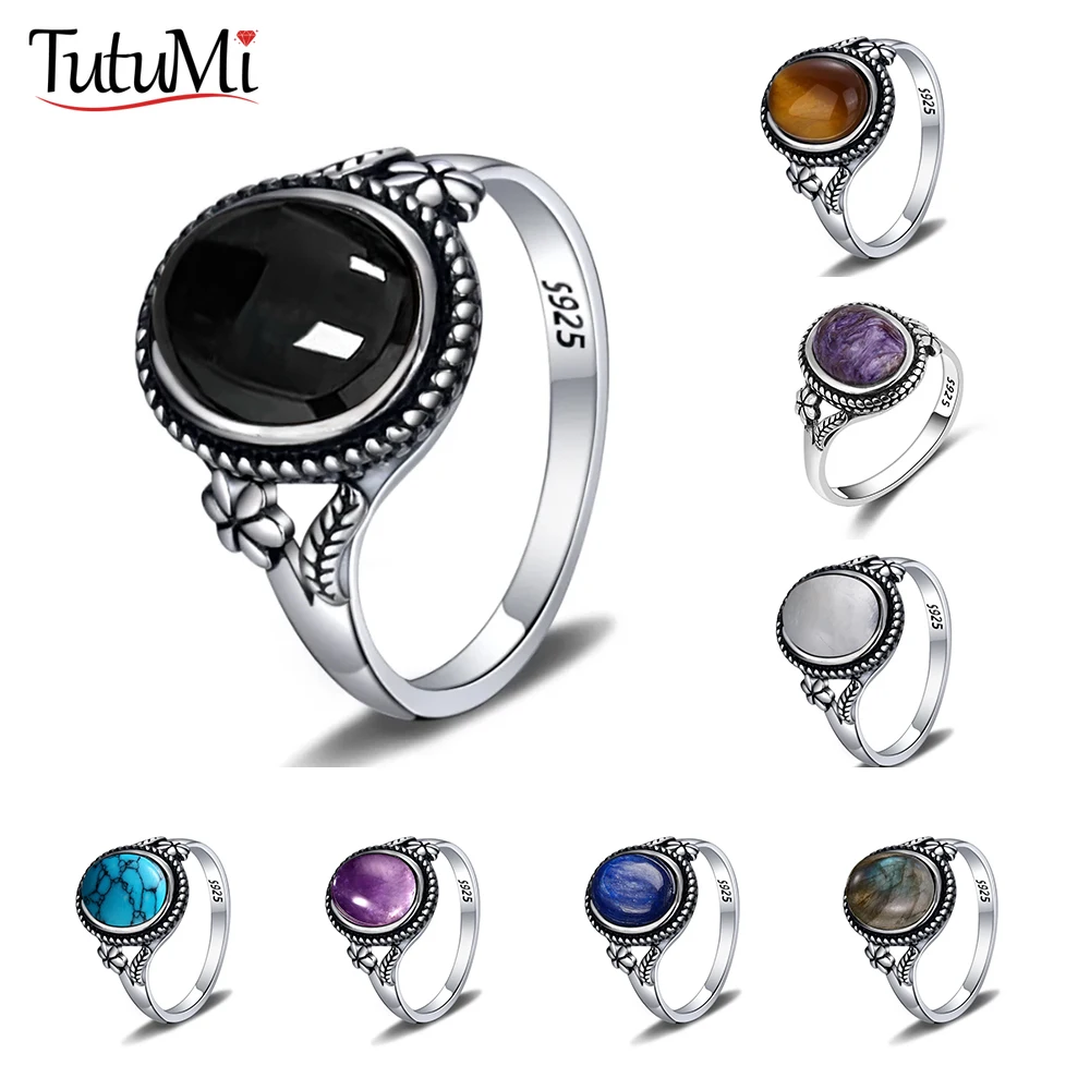 Vintage 925 Sterling Silver Natural Black Onyx 8*10mm Ring Flower Shaped Tiger's Eye Ring Fine Jewelry Finger Ring For Women Vintage 925 Sterling Silver Natural Black Onyx 8*10mm Ring Flower Shaped Tiger's Eye Ring Fine Jewelry Finger Ring For Women