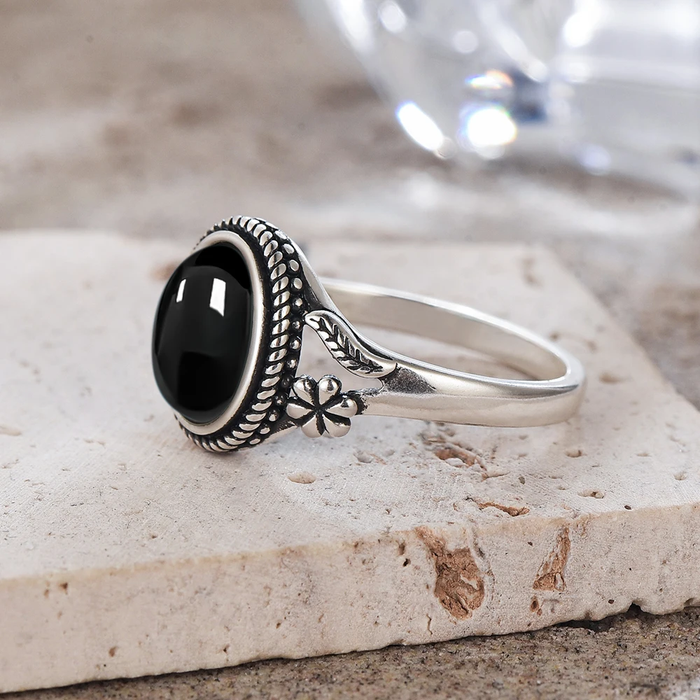 Vintage 925 Sterling Silver Natural Black Onyx 8*10mm Ring Flower Shaped Tiger’s Eye Ring Fine Jewelry Finger Ring For Women Vintage 925 Sterling Silver Natural Black Onyx 8*10mm Ring Flower Shaped Tiger's Eye Ring Fine Jewelry Finger Ring For Women