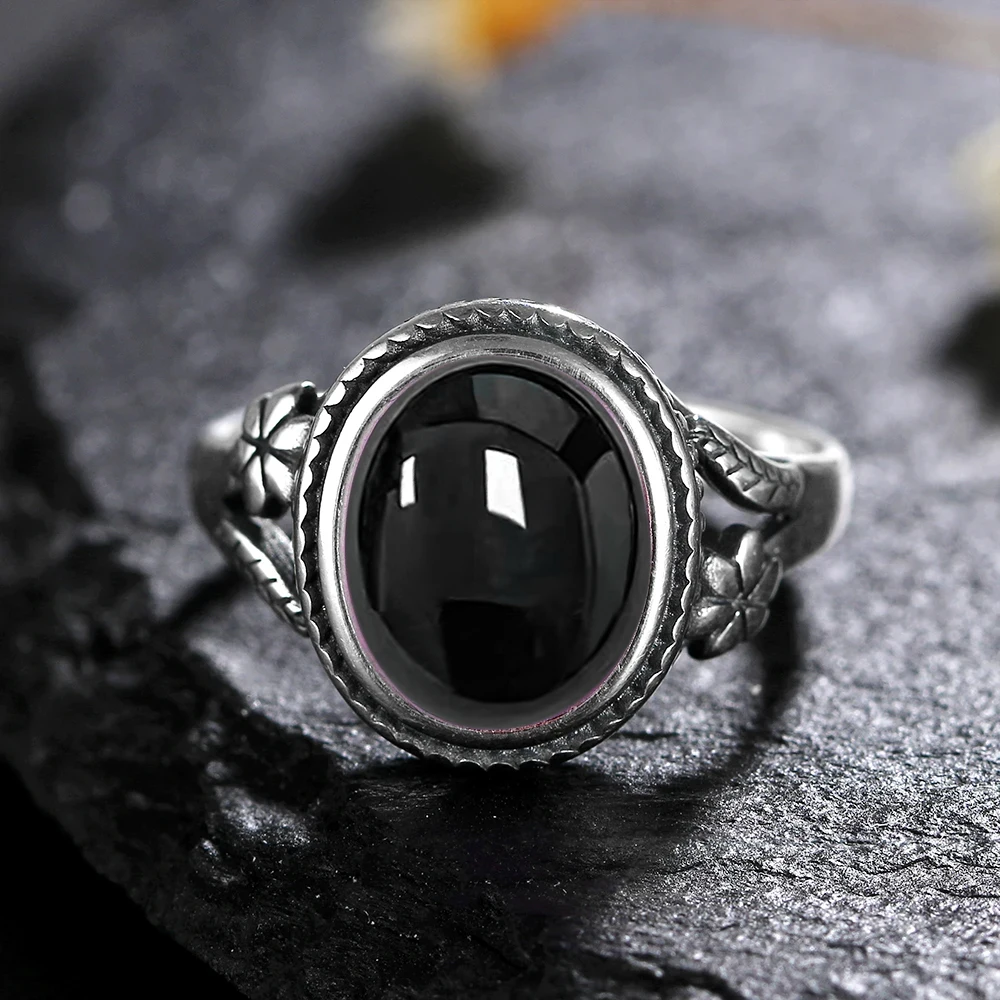 Vintage 925 Sterling Silver Natural Black Onyx 8*10mm Ring Flower Shaped Tiger's Eye Ring Fine Jewelry Finger Ring For Women Vintage 925 Sterling Silver Natural Black Onyx 8*10mm Ring Flower Shaped Tiger's Eye Ring Fine Jewelry Finger Ring For Women
