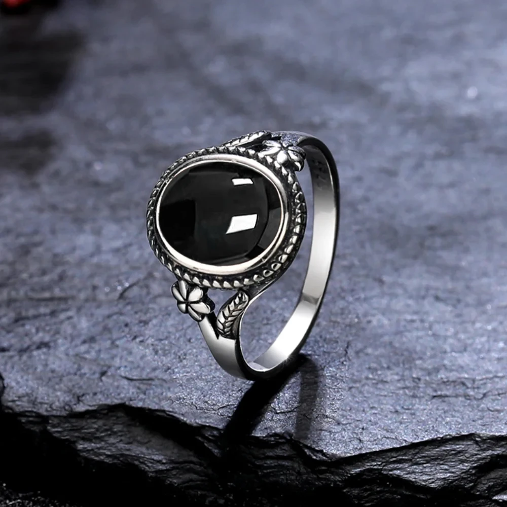 Vintage 925 Sterling Silver Natural Black Onyx 8*10mm Ring Flower Shaped Tiger's Eye Ring Fine Jewelry Finger Ring For Women Vintage 925 Sterling Silver Natural Black Onyx 8*10mm Ring Flower Shaped Tiger's Eye Ring Fine Jewelry Finger Ring For Women