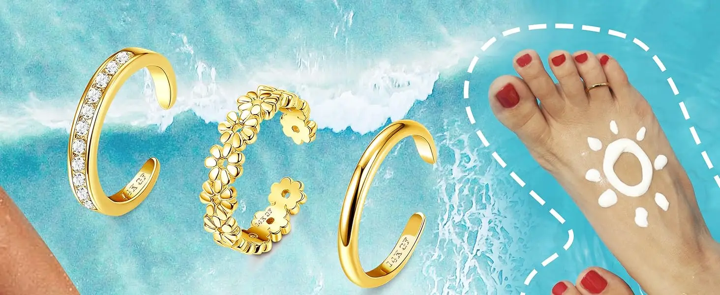 Drperfect 1/3Pcs 14K Gold Plated Toe Rings for Women Non Tarnish Toe Ring Adjustable CZ Dainty Toe Ring Summer Beach Foot Jewel