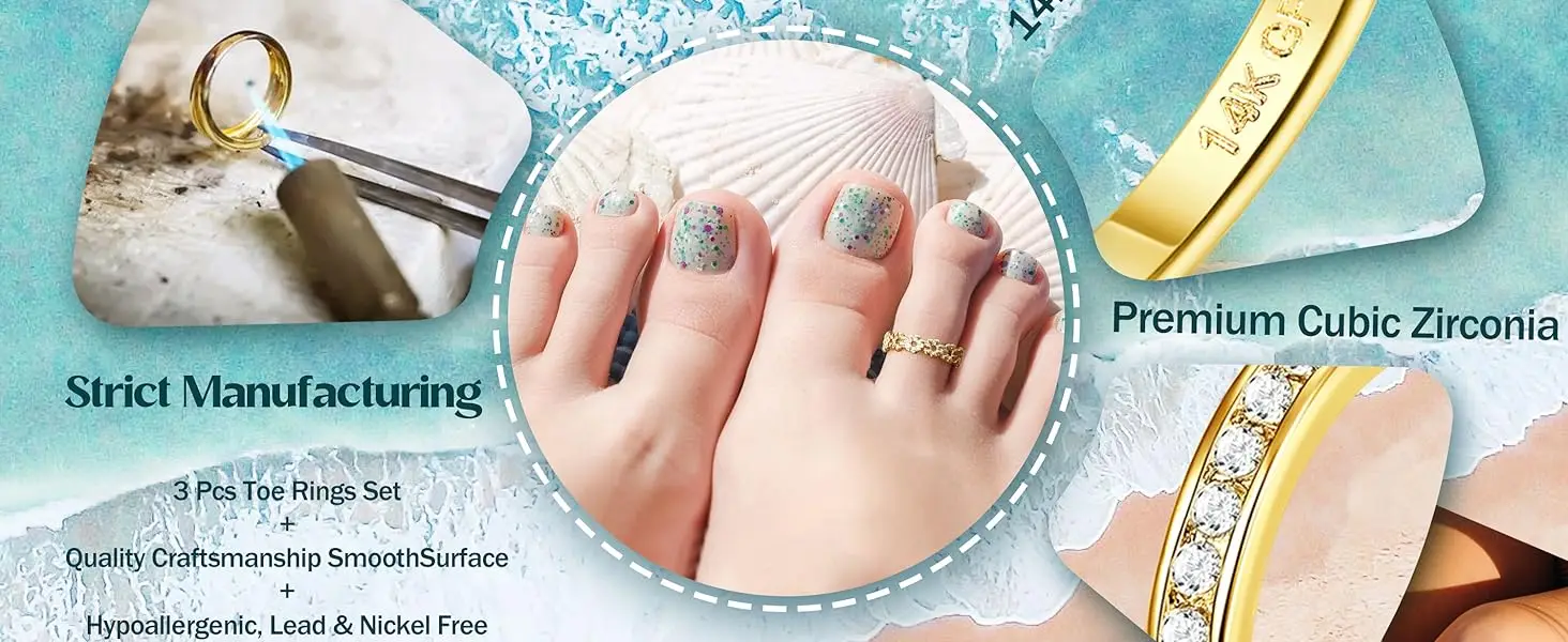 Drperfect 1/3Pcs 14K Gold Plated Toe Rings for Women Non Tarnish Toe Ring Adjustable CZ Dainty Toe Ring Summer Beach Foot Jewel