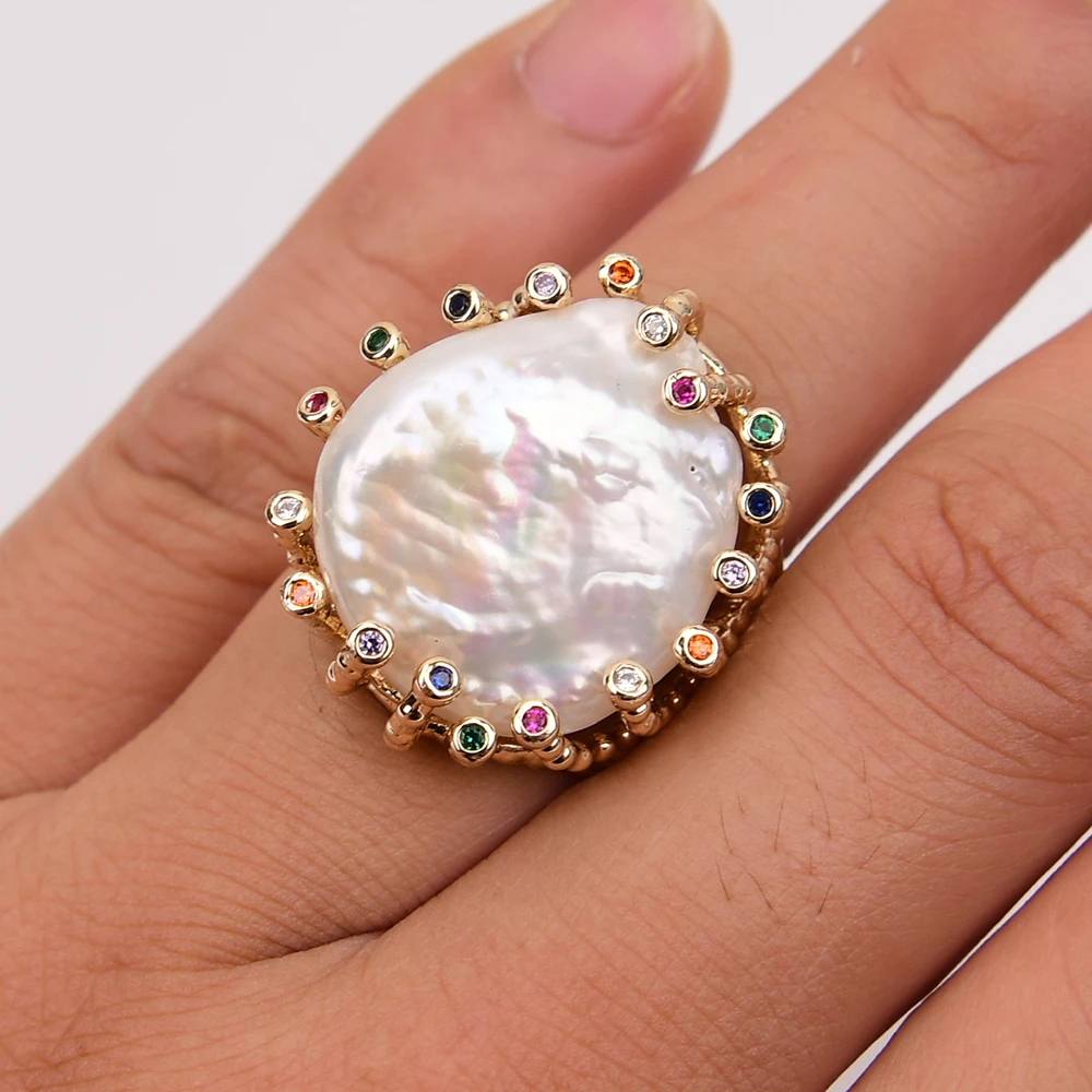 G-G Cultured White Coin Keshi Pearl Rings Mix Color CZ Paved Gold Plated Ring For Women Valentines Day Jewelry