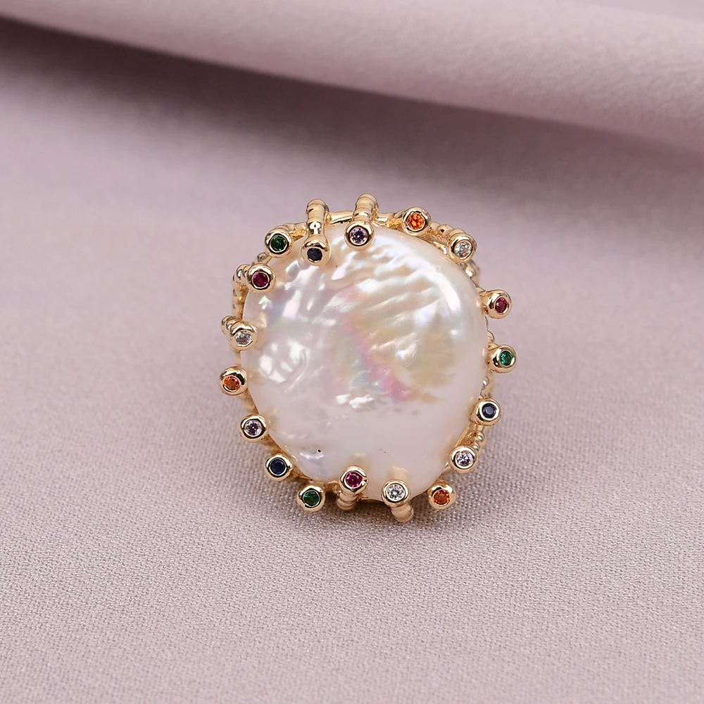 G-G Cultured White Coin Keshi Pearl Rings Mix Color CZ Paved Gold Plated Ring For Women Valentines Day Jewelry