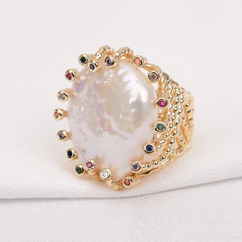 G-G Cultured White Coin Keshi Pearl Rings Mix Color CZ Paved Gold Plated Ring For Women Valentines Day Jewelry
