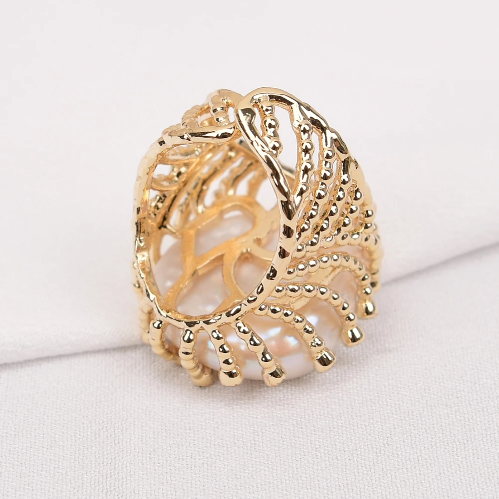 G-G Cultured White Coin Keshi Pearl Rings Mix Color CZ Paved Gold Plated Ring For Women Valentines Day Jewelry