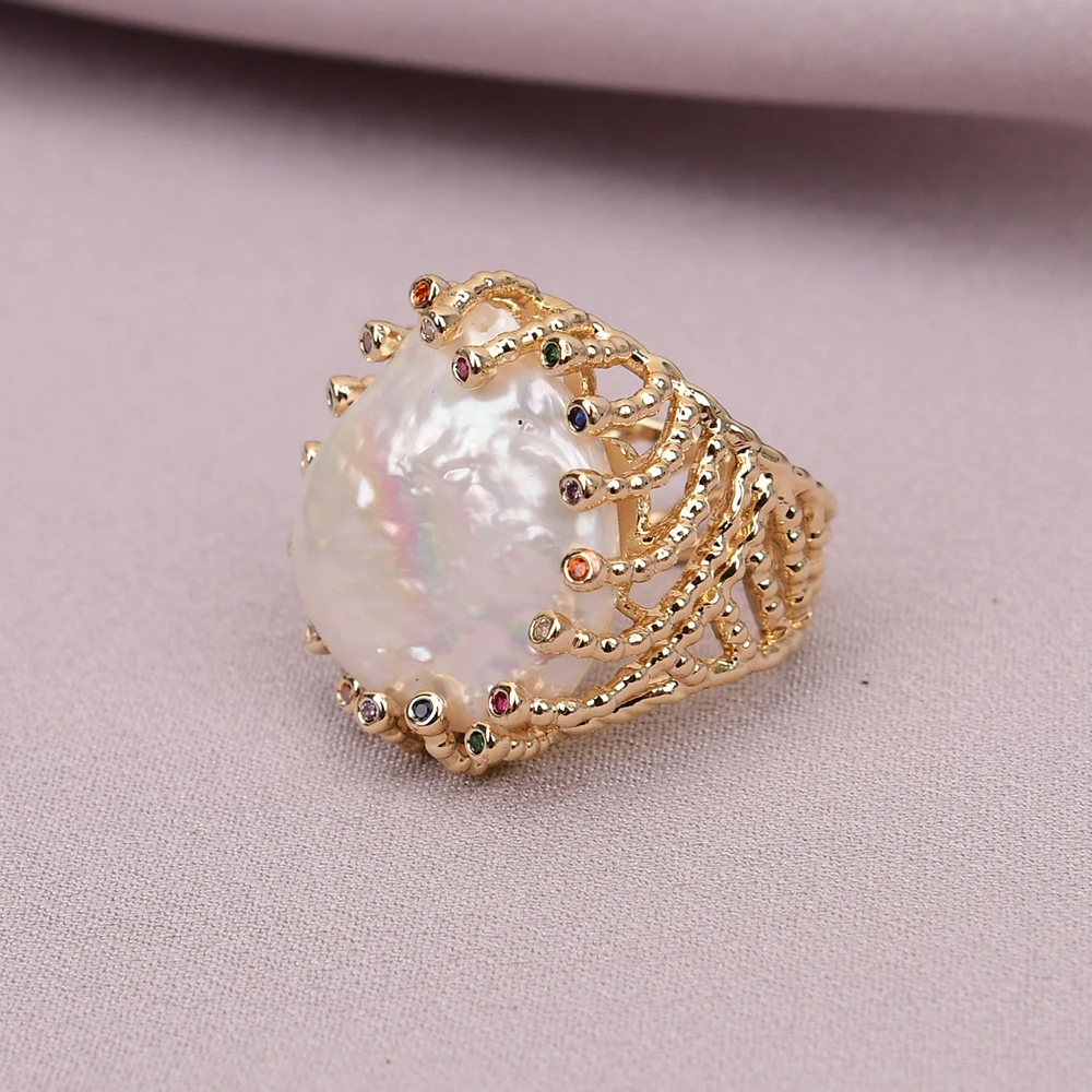 G-G Cultured White Coin Keshi Pearl Rings Mix Color CZ Paved Gold Plated Ring For Women Valentines Day Jewelry