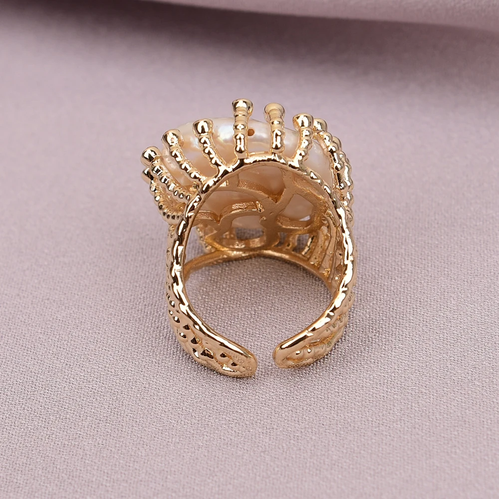 G-G Cultured White Coin Keshi Pearl Rings Mix Color CZ Paved Gold Plated Ring For Women Valentines Day Jewelry