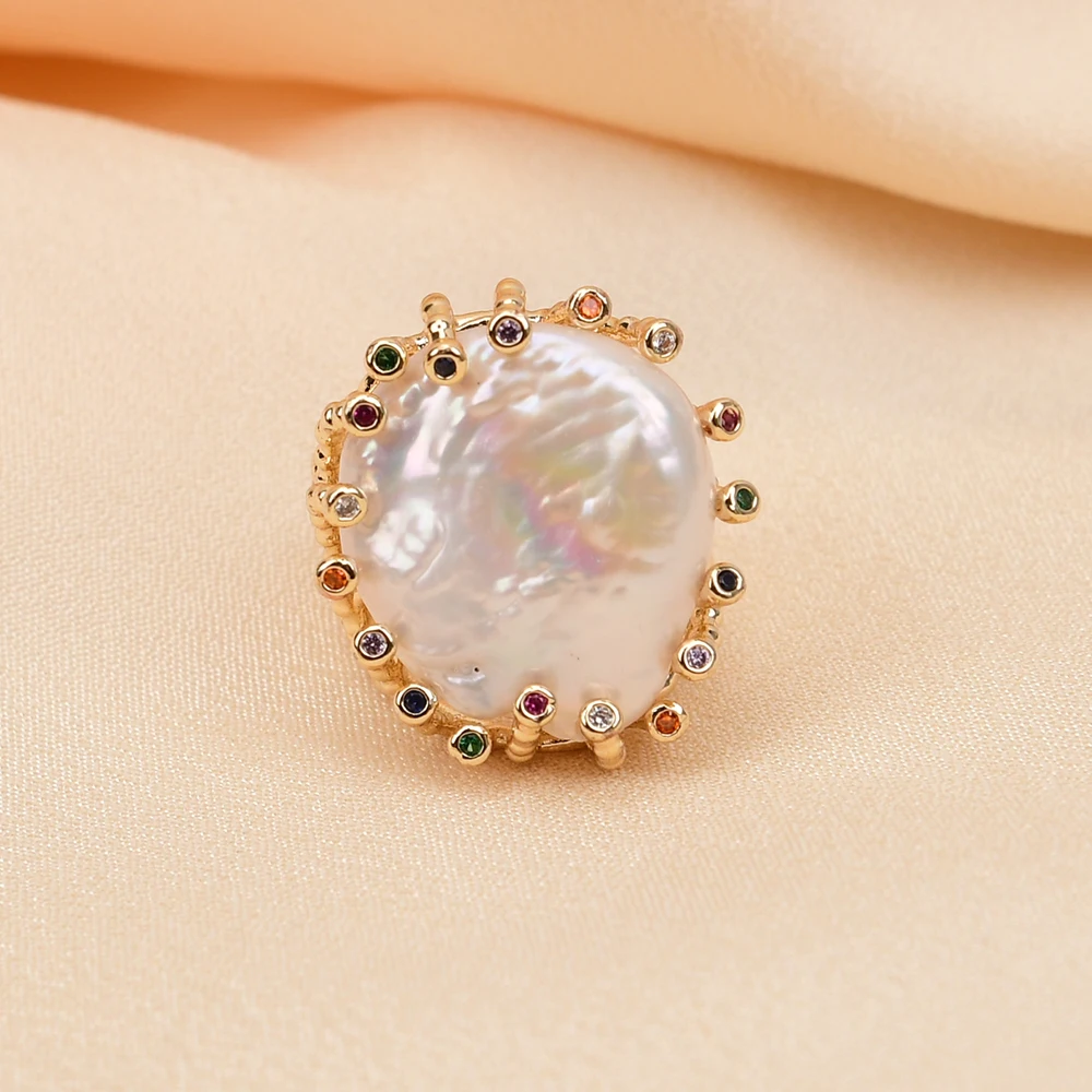 G-G Cultured White Coin Keshi Pearl Rings Mix Color CZ Paved Gold Plated Ring For Women Valentines Day Jewelry