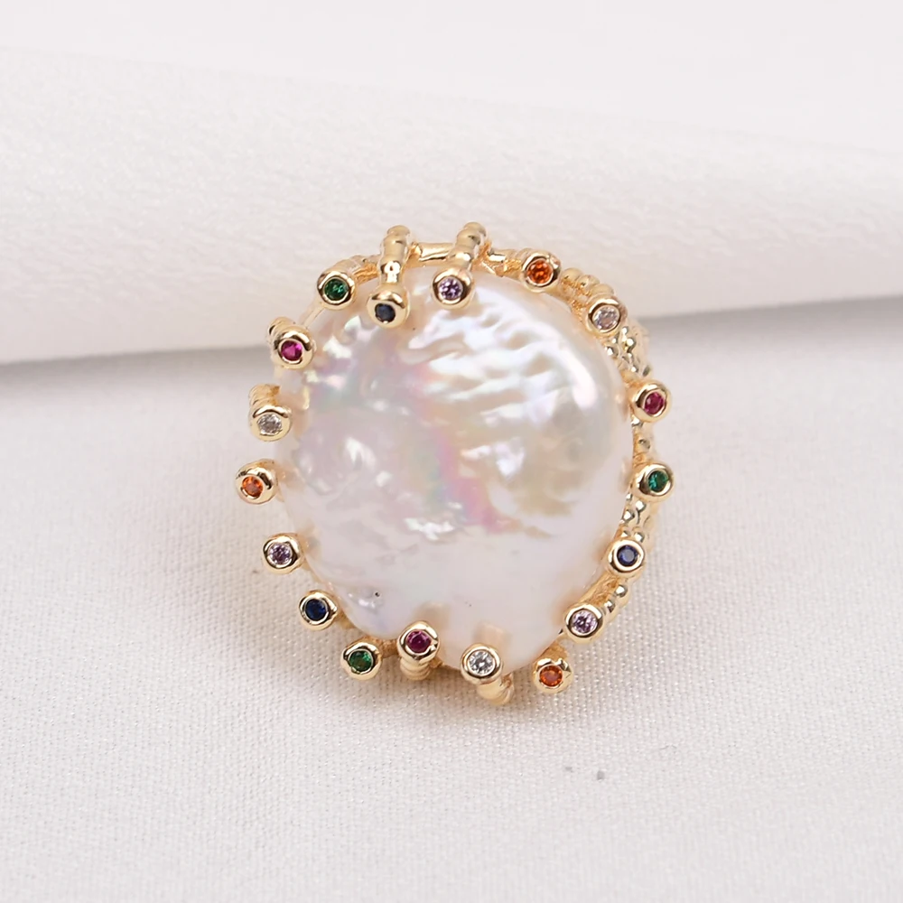 G-G Cultured White Coin Keshi Pearl Rings Mix Color CZ Paved Gold Plated Ring For Women Valentines Day Jewelry