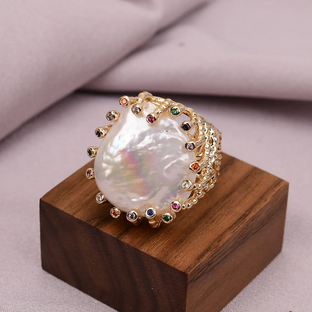 G-G Cultured White Coin Keshi Pearl Rings Mix Color CZ Paved Gold Plated Ring For Women Valentines Day Jewelry