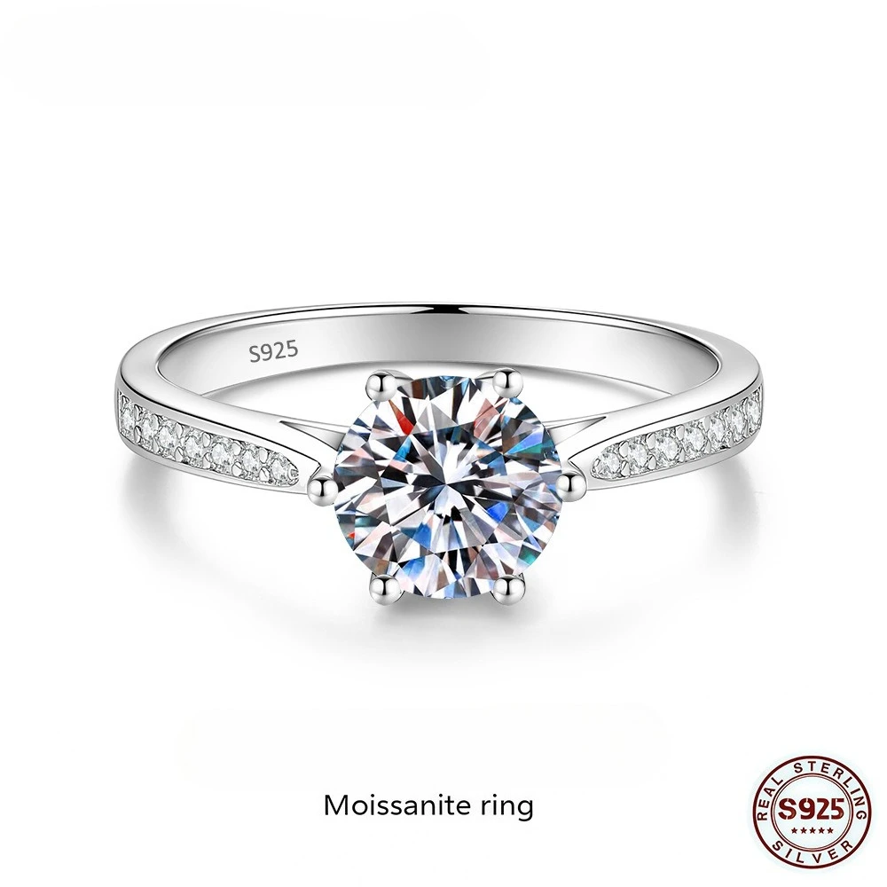 925 Sterling Silver Moissanite Ring 0.5-2ct Shiny Classics for Women Wedding Jewelry Engagement Imitation Diamond Fashion Gifts