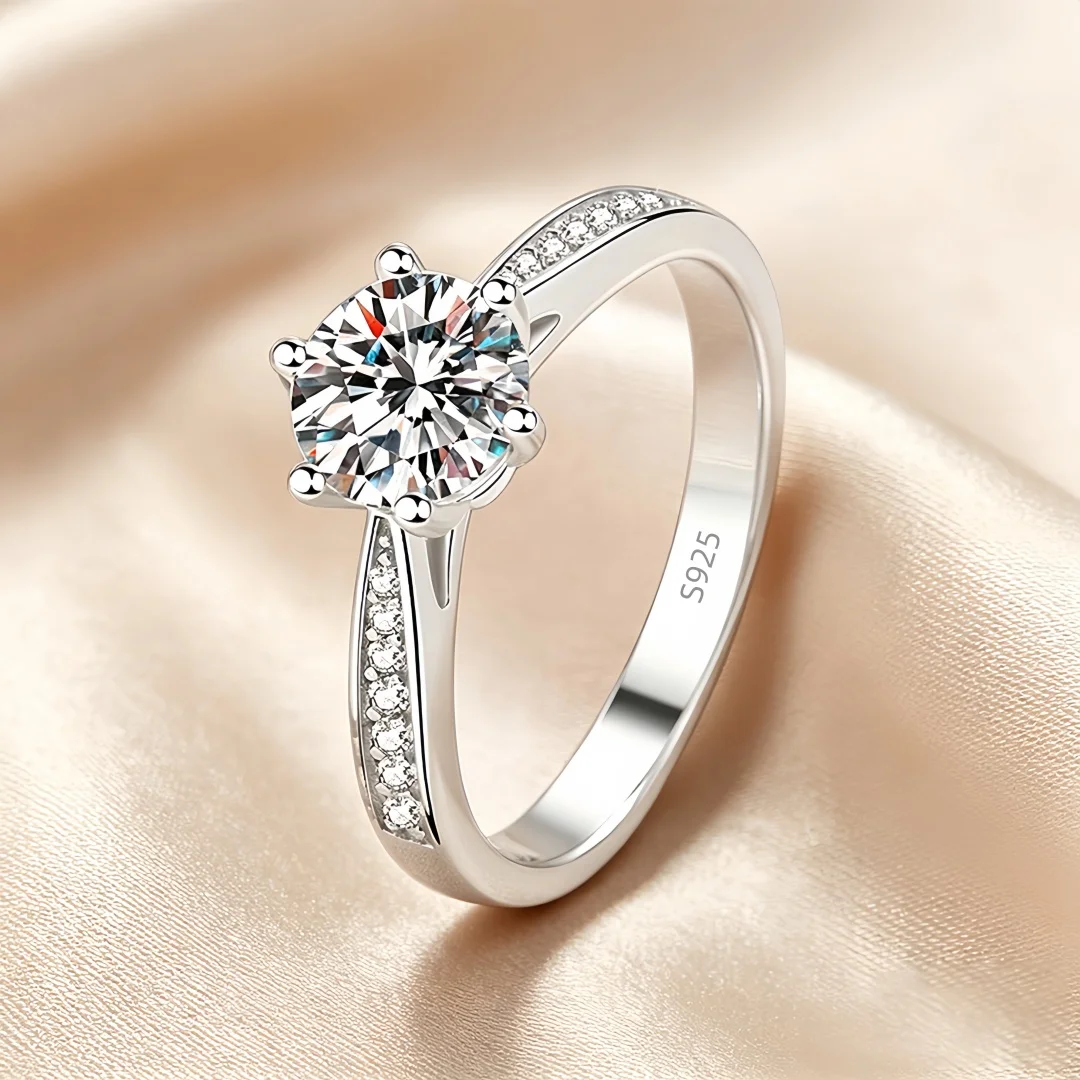 925 Sterling Silver Moissanite Ring 0.5-2ct Shiny Classics for Women Wedding Jewelry Engagement Imitation Diamond Fashion Gifts