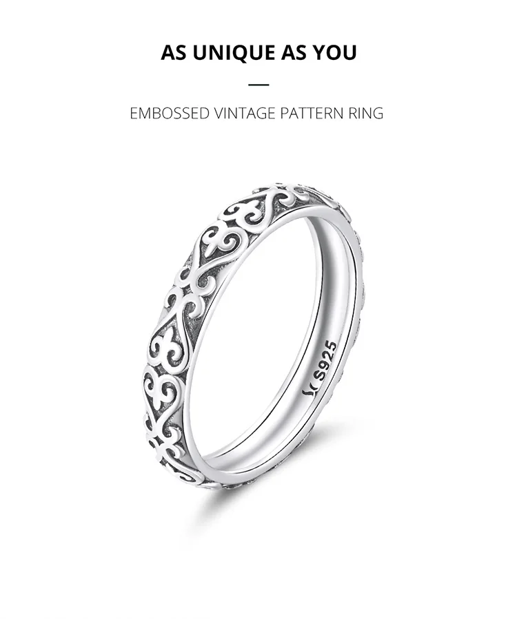 BAMOER 925 Sterling Silver Vintage Embossed Vine Pattern Band Ring for Women, Stackable Engraved Iris Ring Minimalist Daily Gift