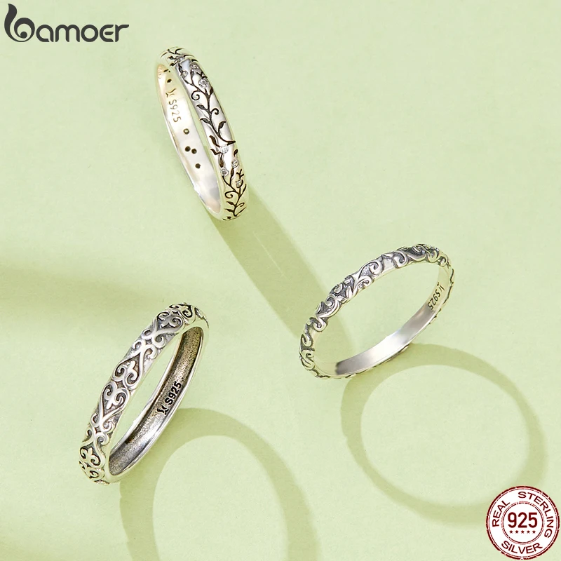 BAMOER 925 Sterling Silver Vintage Embossed Vine Pattern Band Ring for Women, Stackable Engraved Iris Ring Minimalist Daily Gift BAMOER 925 Sterling Silver Vintage Embossed Vine Pattern Band Ring for Women, Stackable Engraved Iris Ring Minimalist Daily Gift
