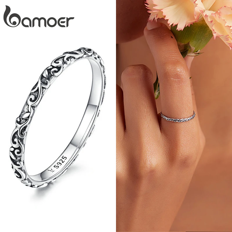 BAMOER 925 Sterling Silver Vintage Embossed Vine Pattern Band Ring for Women, Stackable Engraved Iris Ring Minimalist Daily Gift BAMOER 925 Sterling Silver Vintage Embossed Vine Pattern Band Ring for Women, Stackable Engraved Iris Ring Minimalist Daily Gift