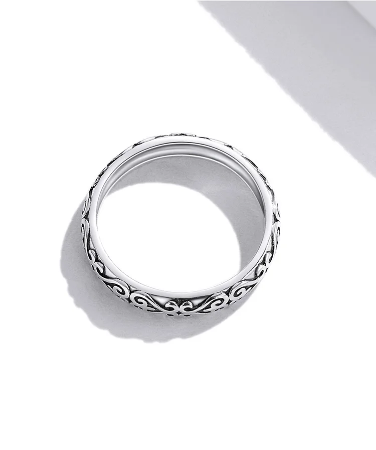BAMOER 925 Sterling Silver Vintage Embossed Vine Pattern Band Ring for Women, Stackable Engraved Iris Ring Minimalist Daily Gift
