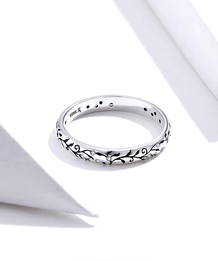 BAMOER 925 Sterling Silver Vintage Embossed Vine Pattern Band Ring for Women, Stackable Engraved Iris Ring Minimalist Daily Gift