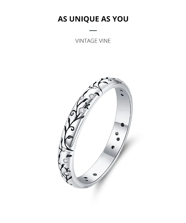 BAMOER 925 Sterling Silver Vintage Embossed Vine Pattern Band Ring for Women, Stackable Engraved Iris Ring Minimalist Daily Gift