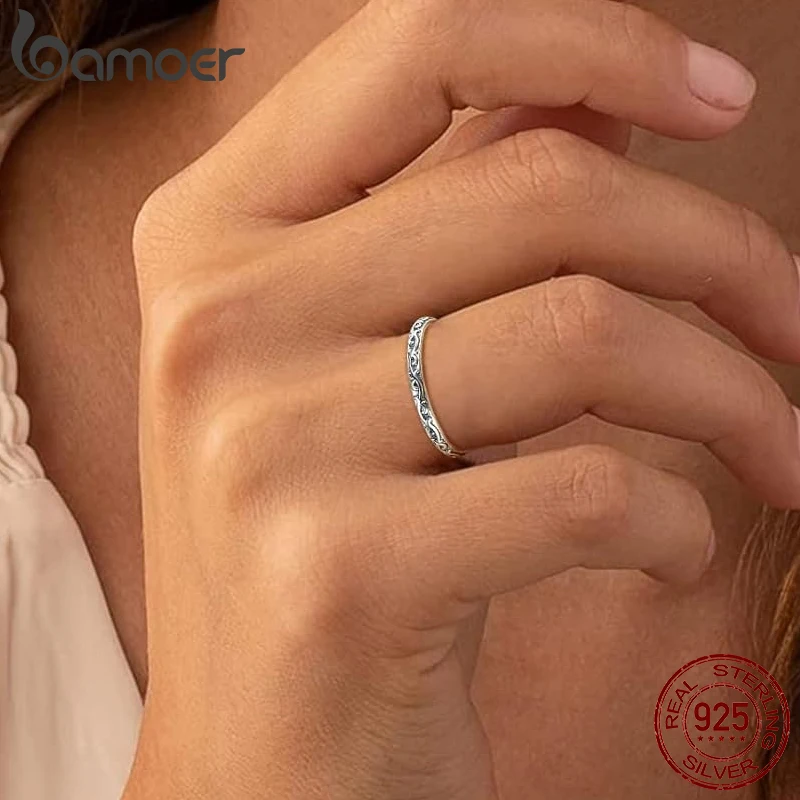 BAMOER 925 Sterling Silver Vintage Embossed Vine Pattern Band Ring for Women, Stackable Engraved Iris Ring Minimalist Daily Gift BAMOER 925 Sterling Silver Vintage Embossed Vine Pattern Band Ring for Women, Stackable Engraved Iris Ring Minimalist Daily Gift
