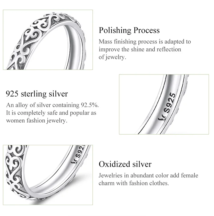 BAMOER 925 Sterling Silver Vintage Embossed Vine Pattern Band Ring for Women, Stackable Engraved Iris Ring Minimalist Daily Gift