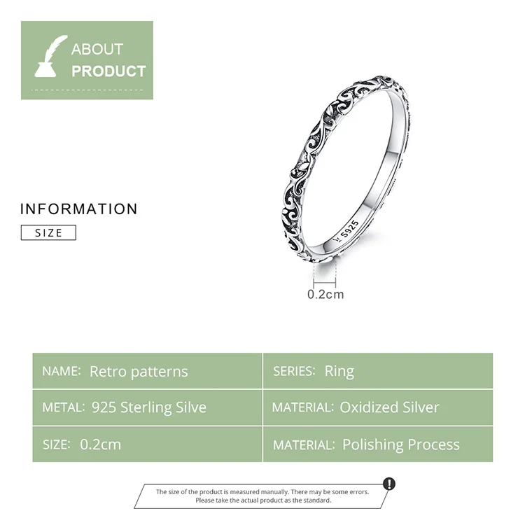 BAMOER 925 Sterling Silver Vintage Embossed Vine Pattern Band Ring for Women, Stackable Engraved Iris Ring Minimalist Daily Gift