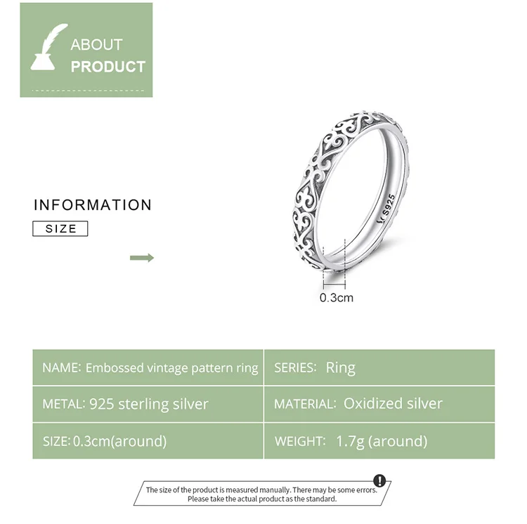 BAMOER 925 Sterling Silver Vintage Embossed Vine Pattern Band Ring for Women, Stackable Engraved Iris Ring Minimalist Daily Gift