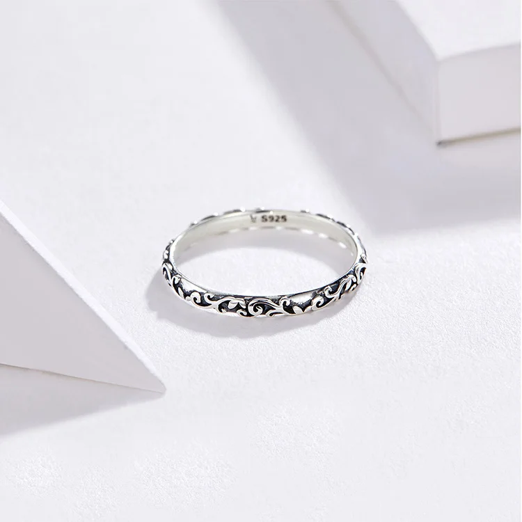 BAMOER 925 Sterling Silver Vintage Embossed Vine Pattern Band Ring for Women, Stackable Engraved Iris Ring Minimalist Daily Gift