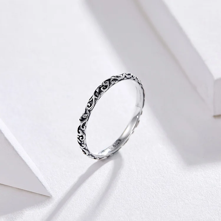 BAMOER 925 Sterling Silver Vintage Embossed Vine Pattern Band Ring for Women, Stackable Engraved Iris Ring Minimalist Daily Gift