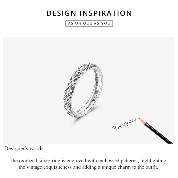 BAMOER 925 Sterling Silver Vintage Embossed Vine Pattern Band Ring for Women, Stackable Engraved Iris Ring Minimalist Daily Gift