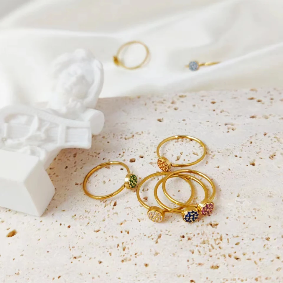 Luxury 12 Colors Pave Zirconia Disc Ring Dainty Round Crystal Stacking Finger Rings For Women Stainless Steel Birthday Gift
