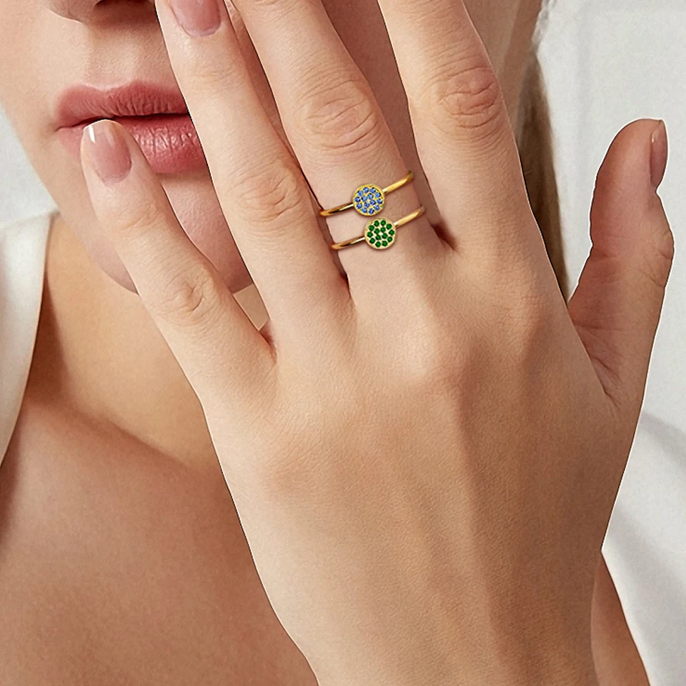 Luxury 12 Colors Pave Zirconia Disc Ring Dainty Round Crystal Stacking Finger Rings For Women Stainless Steel Birthday Gift