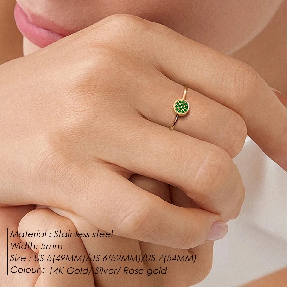 Luxury 12 Colors Pave Zirconia Disc Ring Dainty Round Crystal Stacking Finger Rings For Women Stainless Steel Birthday Gift