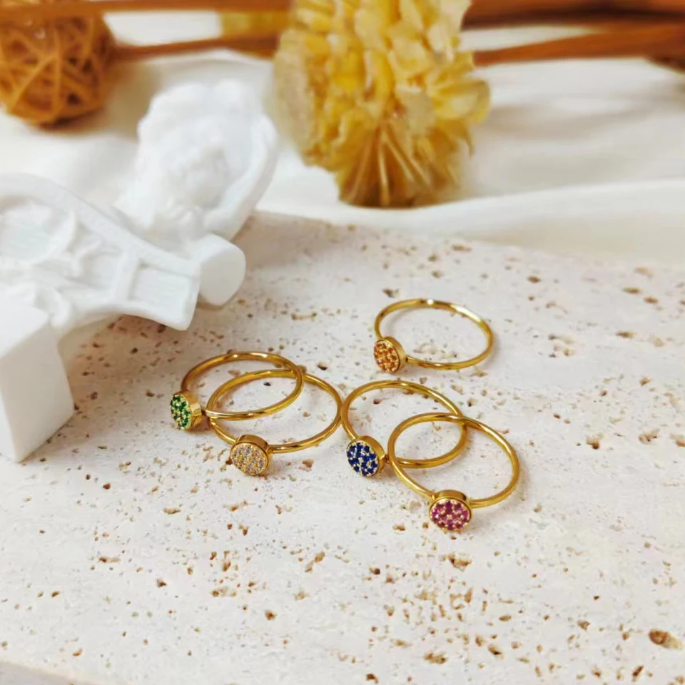 Luxury 12 Colors Pave Zirconia Disc Ring Dainty Round Crystal Stacking Finger Rings For Women Stainless Steel Birthday Gift