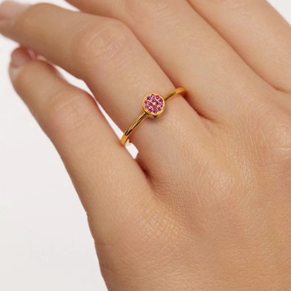Luxury 12 Colors Pave Zirconia Disc Ring Dainty Round Crystal Stacking Finger Rings For Women Stainless Steel Birthday Gift