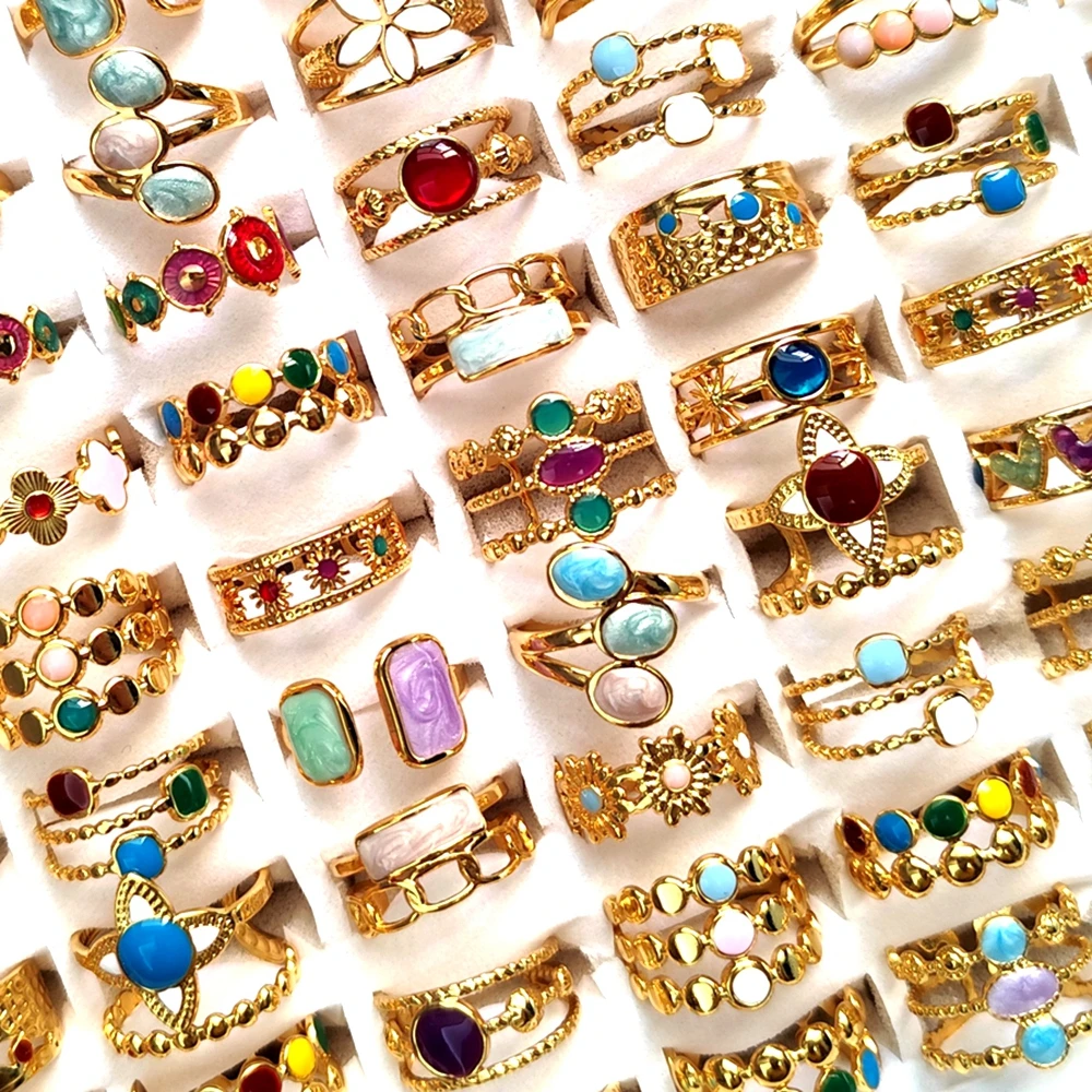 10Pcs 20Pcs Wholesale Women's Fashion Skeleton Rings Colorful Beads Charm Female Ring Stainless Steel Jewelry