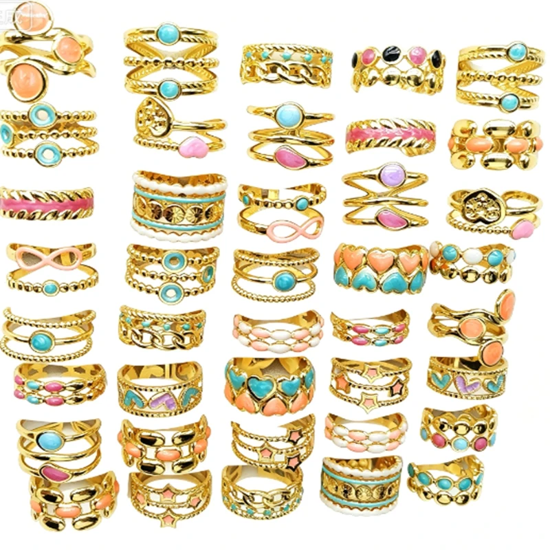 10Pcs 20Pcs Wholesale Women's Fashion Skeleton Rings Colorful Beads Charm Female Ring Stainless Steel Jewelry