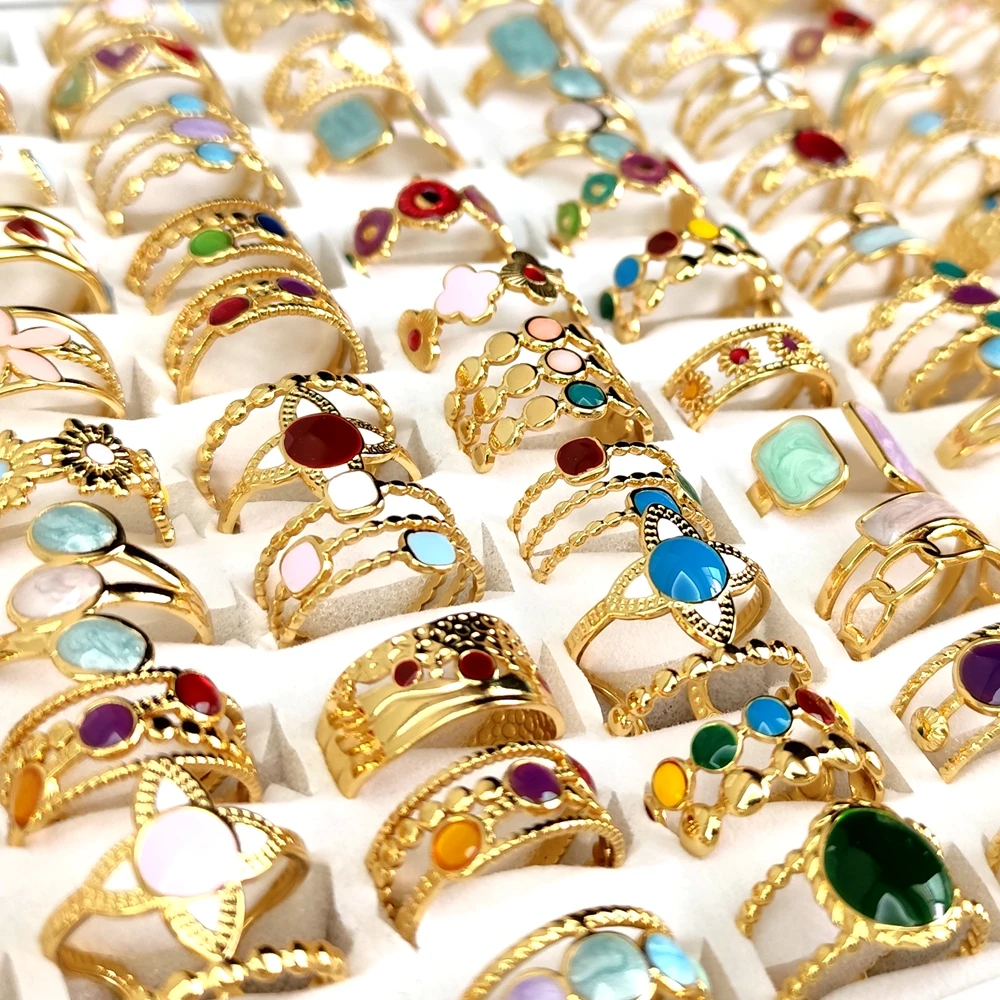 10Pcs 20Pcs Wholesale Women's Fashion Skeleton Rings Colorful Beads Charm Female Ring Stainless Steel Jewelry
