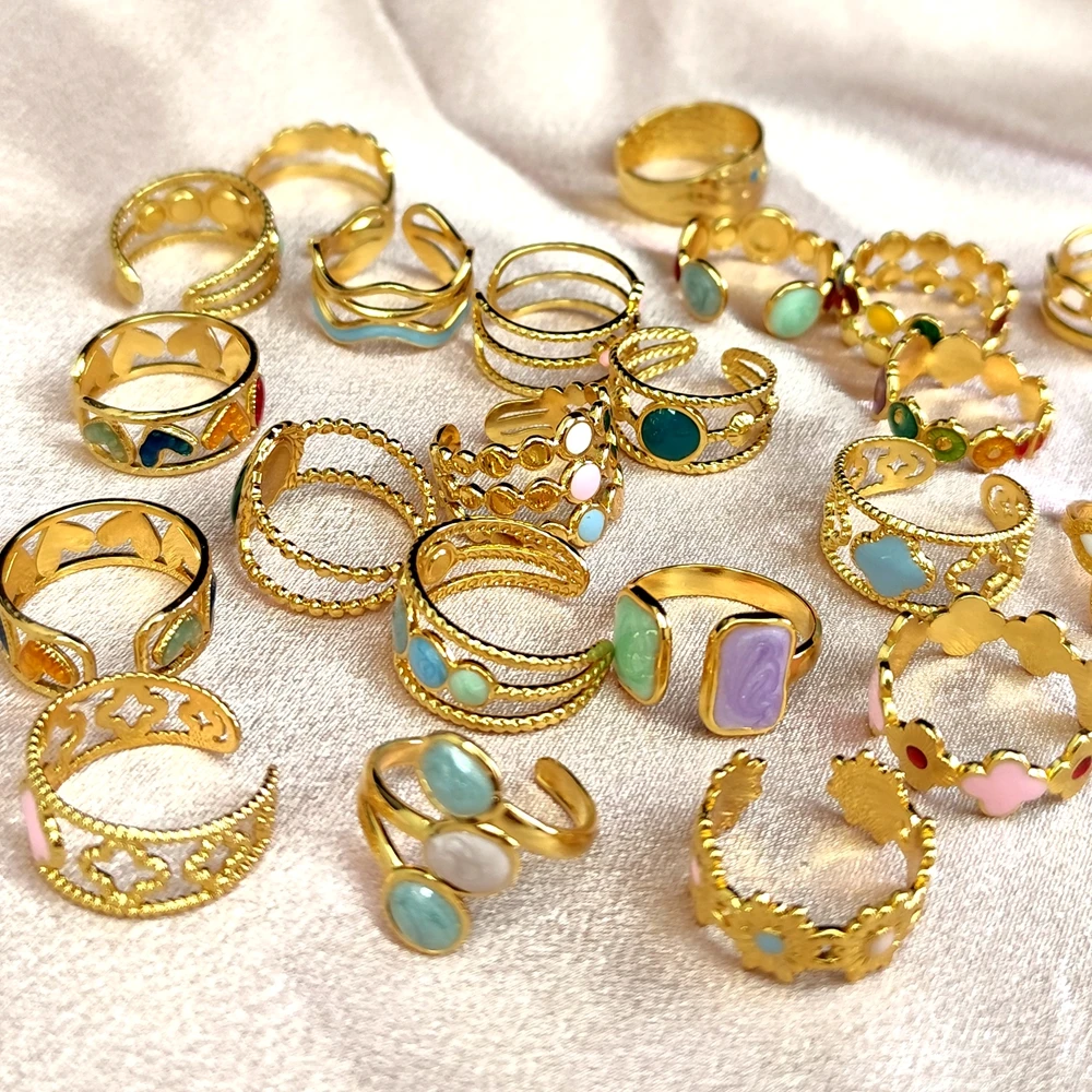 10Pcs 20Pcs Wholesale Women's Fashion Skeleton Rings Colorful Beads Charm Female Ring Stainless Steel Jewelry