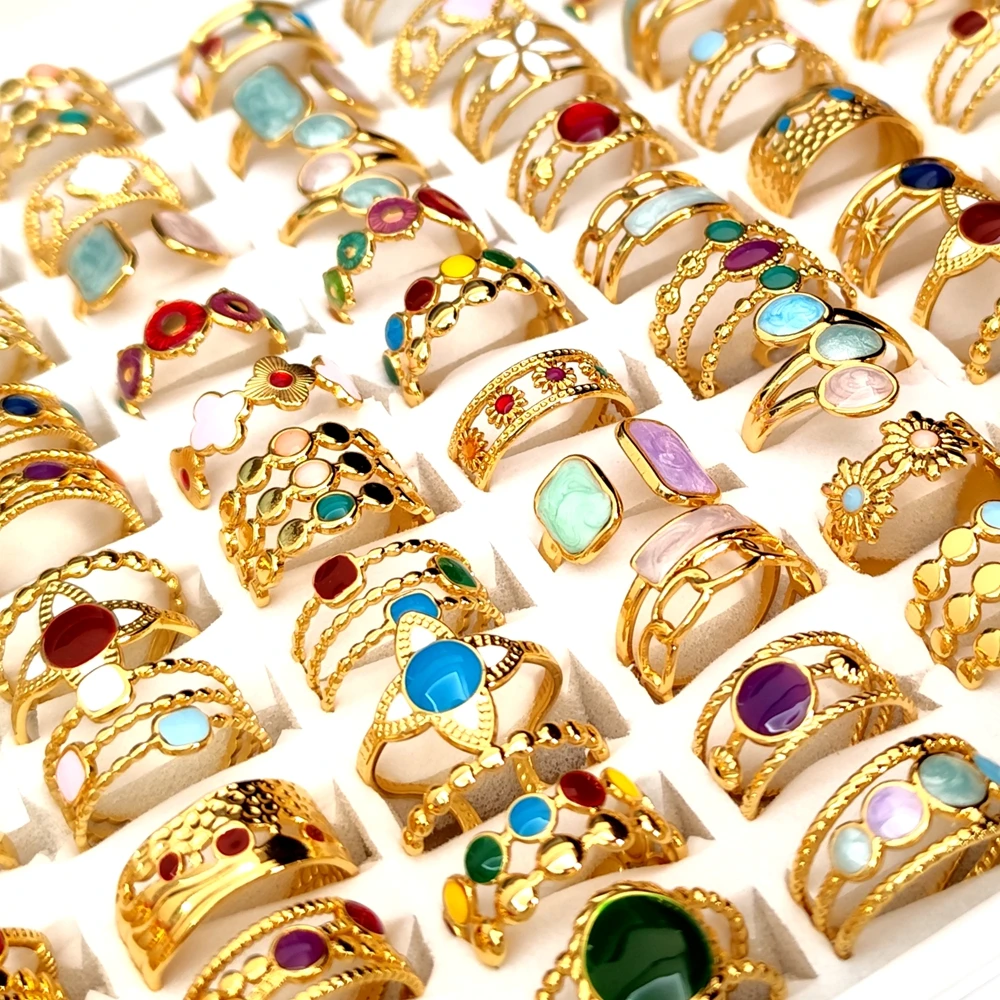 10Pcs 20Pcs Wholesale Women's Fashion Skeleton Rings Colorful Beads Charm Female Ring Stainless Steel Jewelry