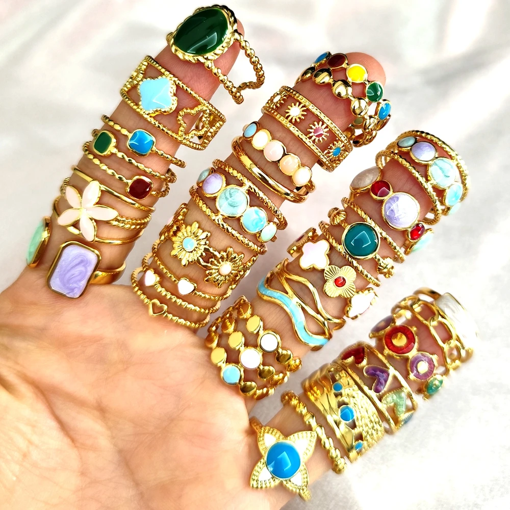 10Pcs 20Pcs Wholesale Women's Fashion Skeleton Rings Colorful Beads Charm Female Ring Stainless Steel Jewelry