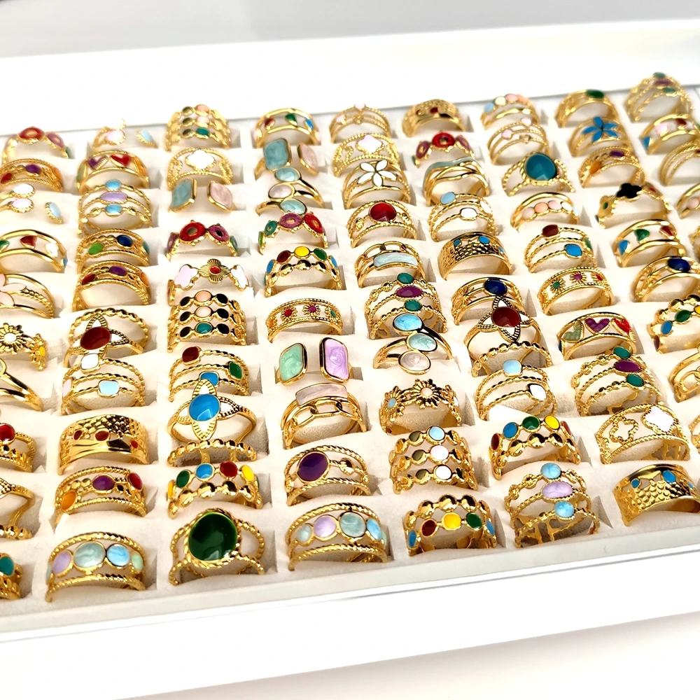 10Pcs 20Pcs Wholesale Women's Fashion Skeleton Rings Colorful Beads Charm Female Ring Stainless Steel Jewelry