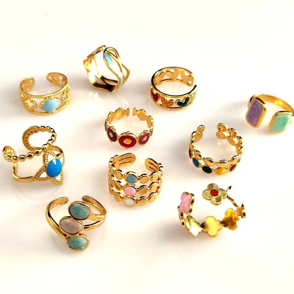 10Pcs 20Pcs Wholesale Women's Fashion Skeleton Rings Colorful Beads Charm Female Ring Stainless Steel Jewelry