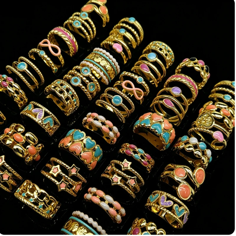 10Pcs 20Pcs Wholesale Women's Fashion Skeleton Rings Colorful Beads Charm Female Ring Stainless Steel Jewelry