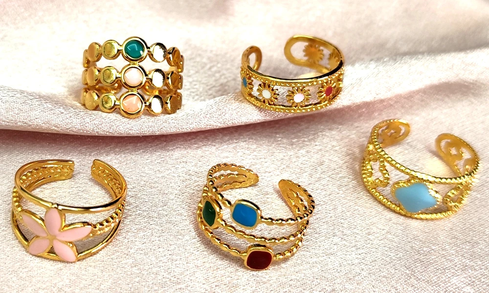 10Pcs 20Pcs Wholesale Women's Fashion Skeleton Rings Colorful Beads Charm Female Ring Stainless Steel Jewelry