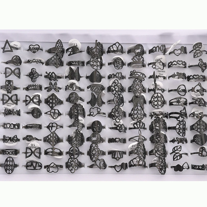 100 Pieces Stainless Steel Engraved Rings for Men and Women Fashion Charm Jewelry Gift Hollow Flower Finger Rings Wholesale Lots